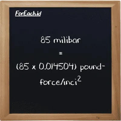 Cara konversi milibar ke pound-force/inci<sup>2</sup> (mbar ke lbf/in<sup>2</sup>): 85 milibar (mbar) setara dengan 85 dikalikan dengan 0.014504 pound-force/inci<sup>2</sup> (lbf/in<sup>2</sup>)